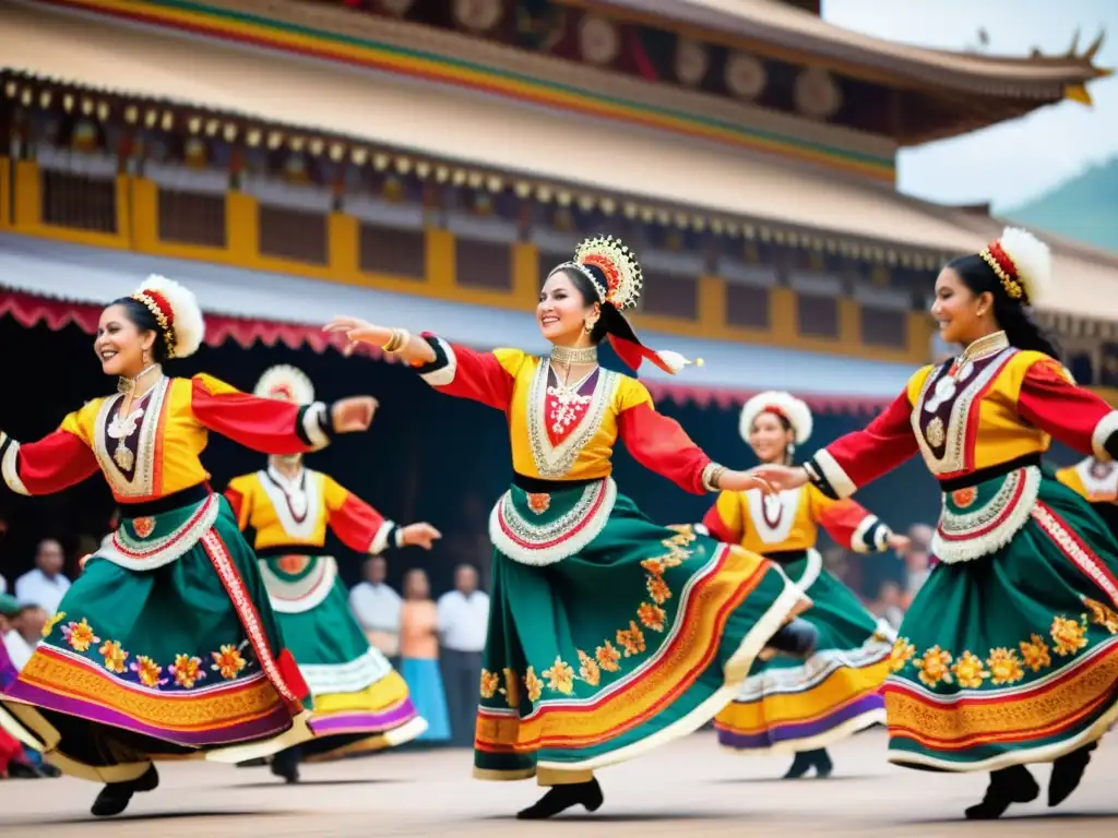 Grupo de bailarines tradicionales en trajes vibrantes y detallados, expresando pasión y energía en una danza cultural