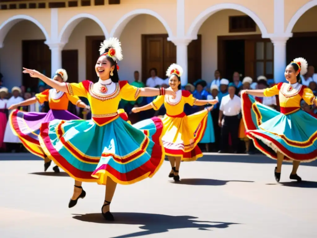 Un grupo de bailarines tradicionales con trajes vibrantes realiza una rutina enérgica en una plaza soleada, rodeados de una multitud de espectadores