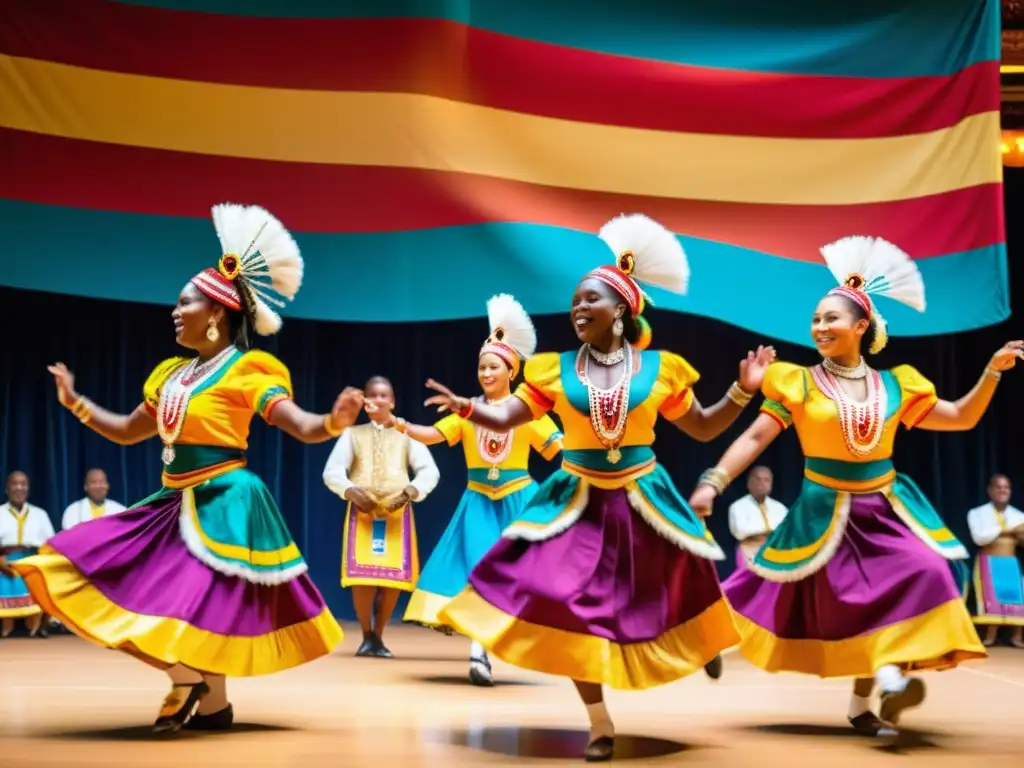 Grupo de bailarines tradicionales con trajes coloridos, movimientos precisos y energéticos al ritmo de música en vivo