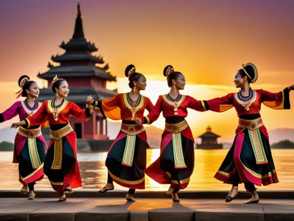 Grupo de bailarines tradicionales en trajes vibrantes, danza sincronizada al atardecer con templos antiguos al fondo