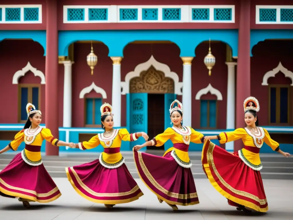 Grupo de bailarines tradicionales con trajes vibrantes y movimientos sincronizados en un centro cultural histórico