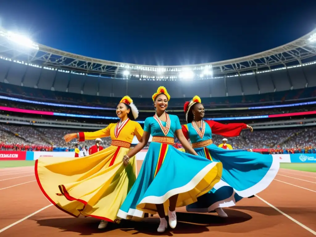 Un grupo de bailarines tradicionales con trajes vibrantes y elaborados actuando frente a un estadio lleno de fans internacionales