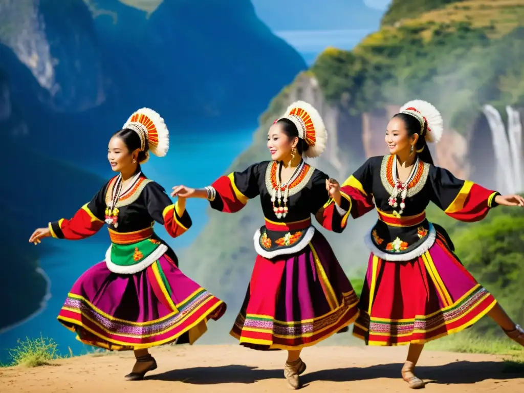 Grupo de bailarines tradicionales en trajes vibrantes realizan una rutina dinámica en un paisaje natural impresionante