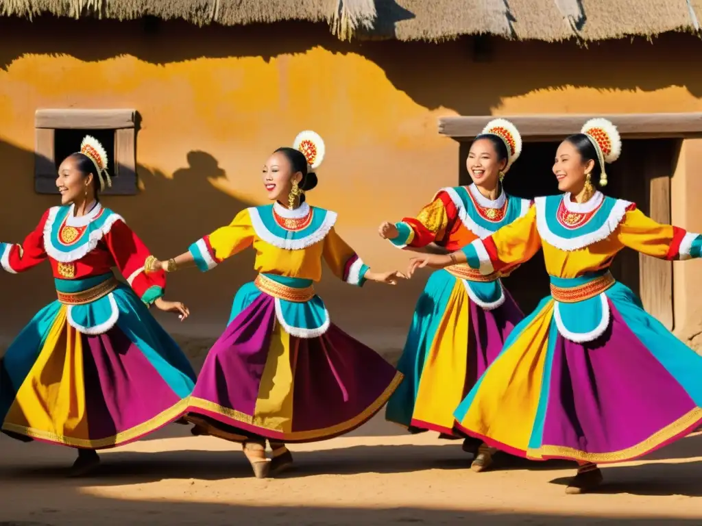 Un grupo de bailarines tradicionales con trajes vibrantes y detallados realizan una danza enérgica en una aldea rural, transmitiendo unidad y orgullo