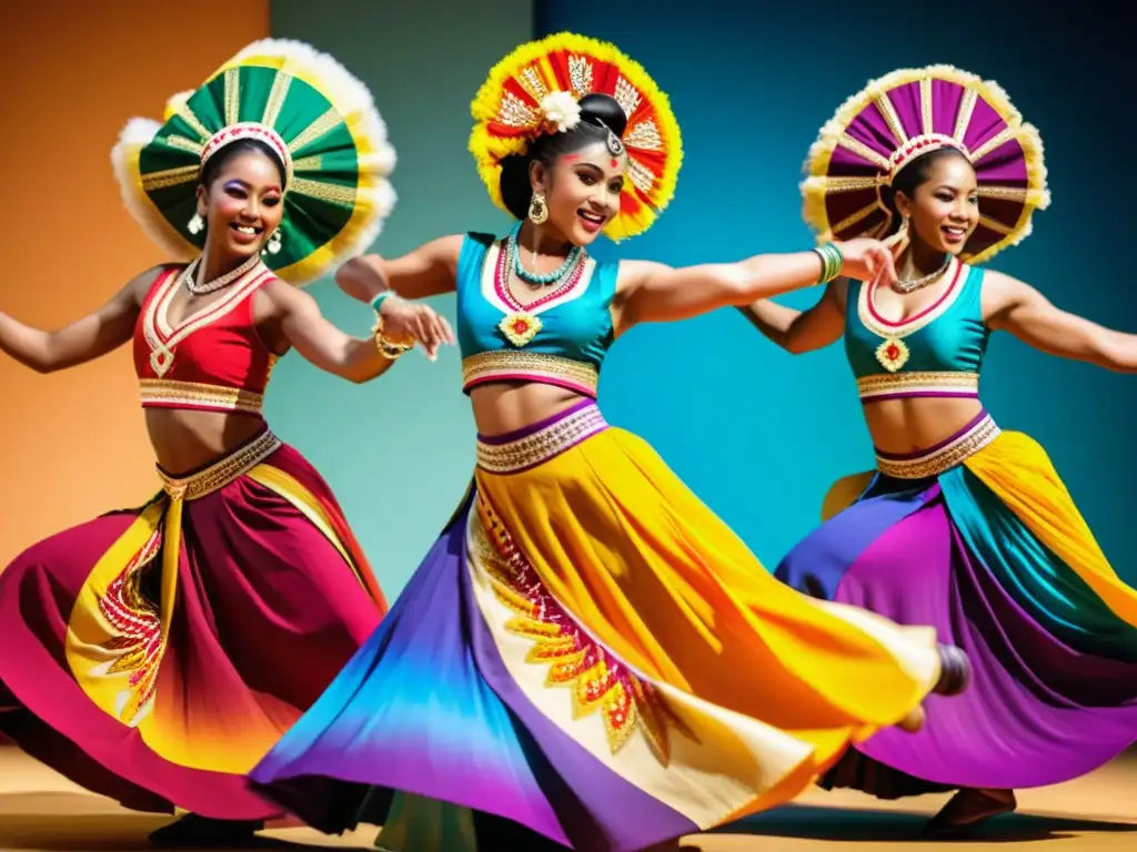 Un grupo de bailarines tradicionales con trajes vibrantes y detallados, cada uno representando una región diferente de su país