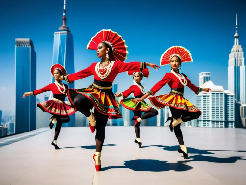 Grupo de bailarines tradicionales con trajes vibrantes en contraste con rascacielos modernos, capturando la moda en la danza tradicional