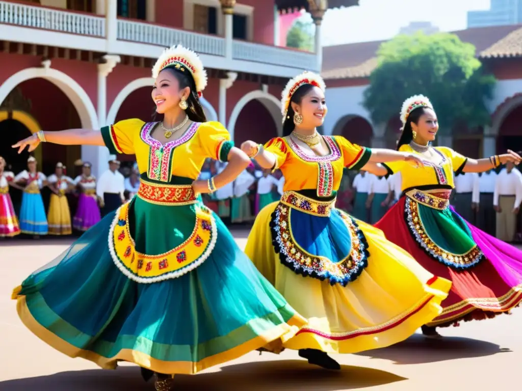 Grupo de bailarines tradicionales danzando en trajes coloridos, mostrando el significado cultural de trajes de danza en una plaza soleada