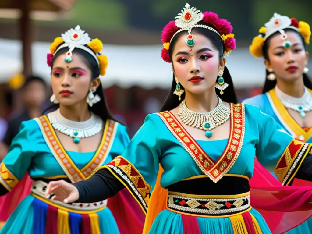 Un grupo de bailarines tradicionales con trajes vibrantes y detallados, capturados en una expresión cultural dinámica