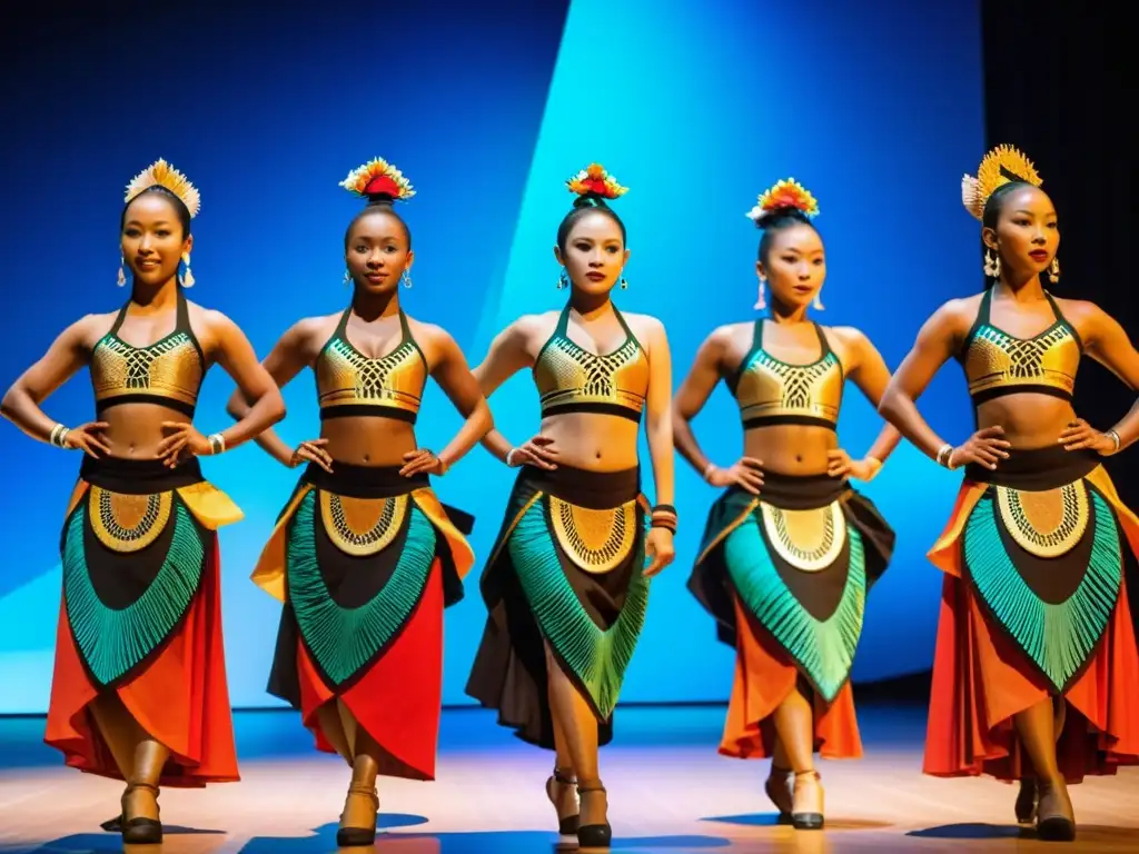 Grupo de bailarines tradicionales con trajes modernos y vibrantes, mostrando tradición y modernidad en la ropa de danza tradicional moderna