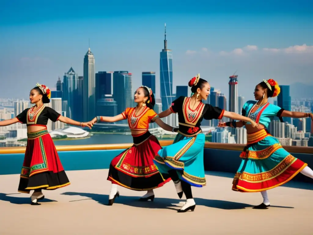 Grupo de bailarines tradicionales con trajes modernos y coloridos danzando frente a la ciudad