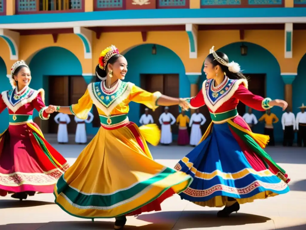 Grupo de bailarines tradicionales en trajes vibrantes danzan en una plaza soleada, expresando la relación música vestimenta danzas tradicionales