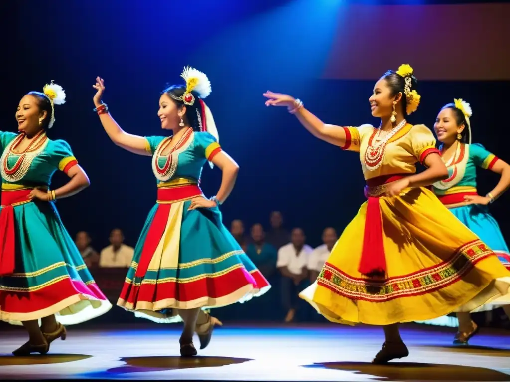 Un grupo de bailarines tradicionales con trajes vibrantes, representando diversas culturas, se mueven al ritmo de músicos en vivo