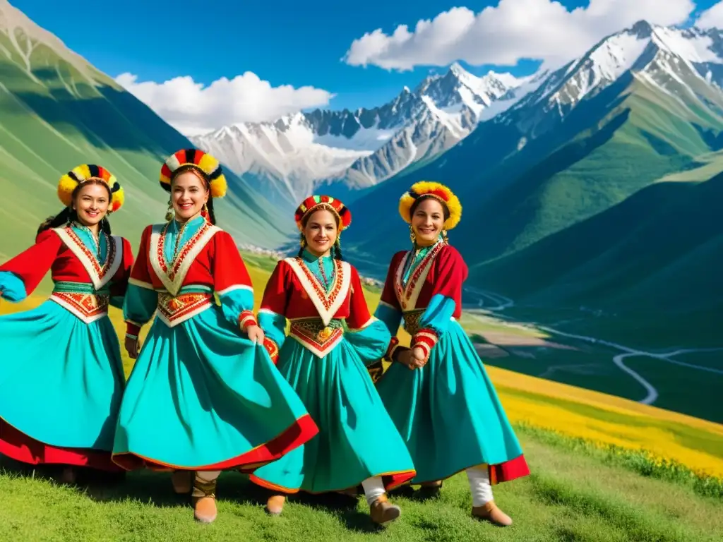 Grupo de bailarines tradicionales de Lezginka en trajes coloridos danzando en las montañas del Cáucaso, capturando la esencia de la danza tradicional lezginka caucásica Rusia