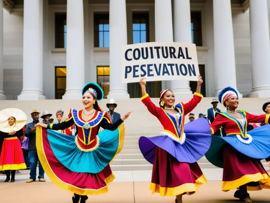 Un grupo de bailarines tradicionales en trajes coloridos realiza una enérgica danza frente a un juzgado, rodeados de seguidores con pancartas