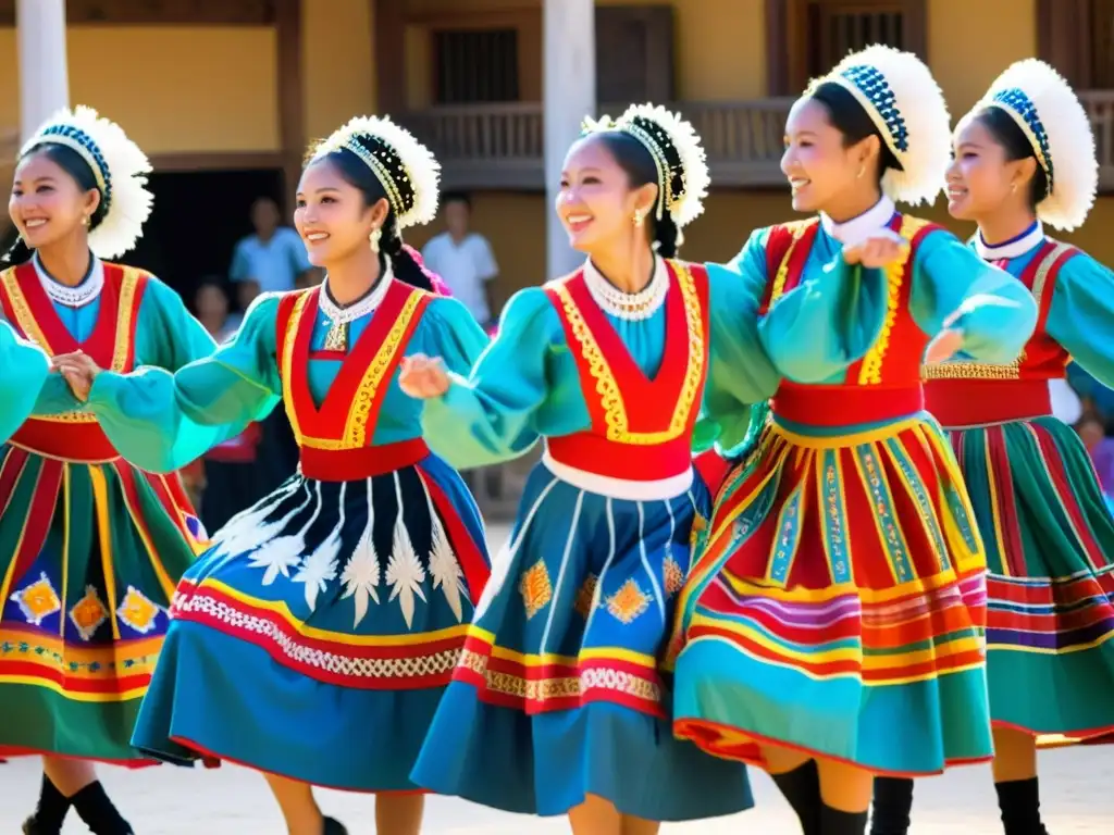 Un grupo de bailarines tradicionales en trajes vibrantes y elaboradamente bordados, actuando en una plaza de pueblo bañada por el sol