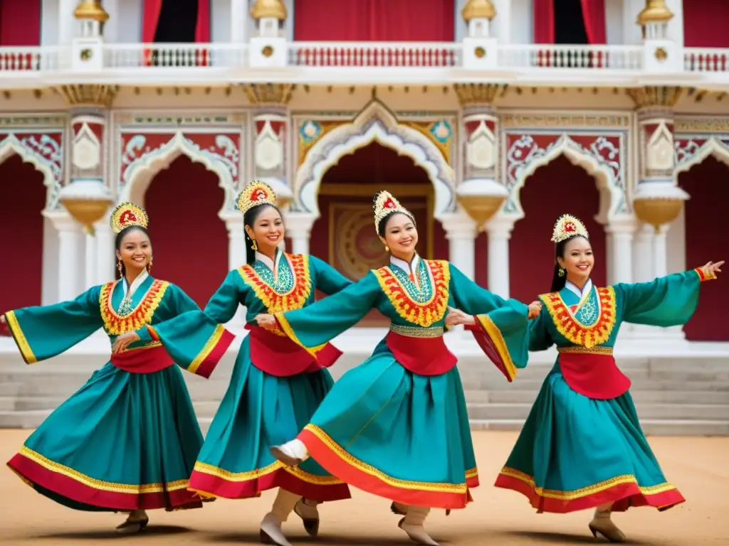 Grupo de bailarines tradicionales con trajes vibrantes y simbólicos, realizando una rutina sincronizada en un escenario histórico