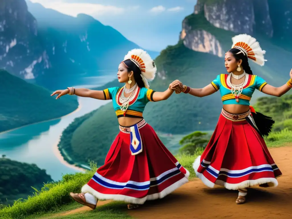 Un grupo de bailarines tradicionales, con trajes vibrantes, danzando en armonía en un paisaje natural impresionante