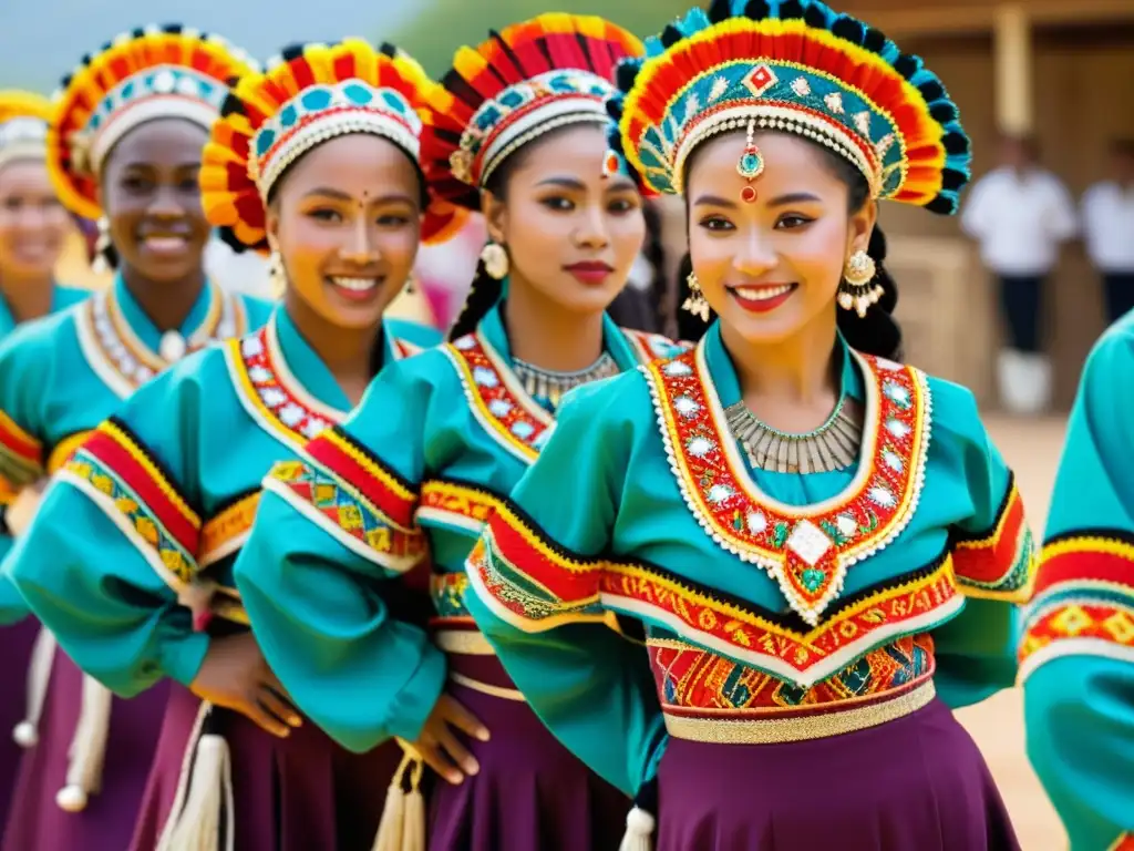 Grupo de bailarines tradicionales con trajes coloridos y detallados, mostrando la diversidad de vestuario en danzas regionales