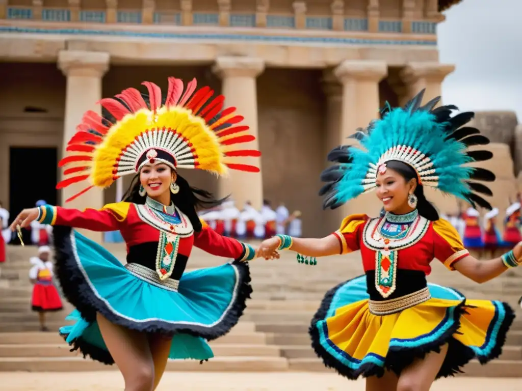 Grupo de bailarines tradicionales con trajes vibrantes y plumas, realizando una danza dinámica en un sitio histórico