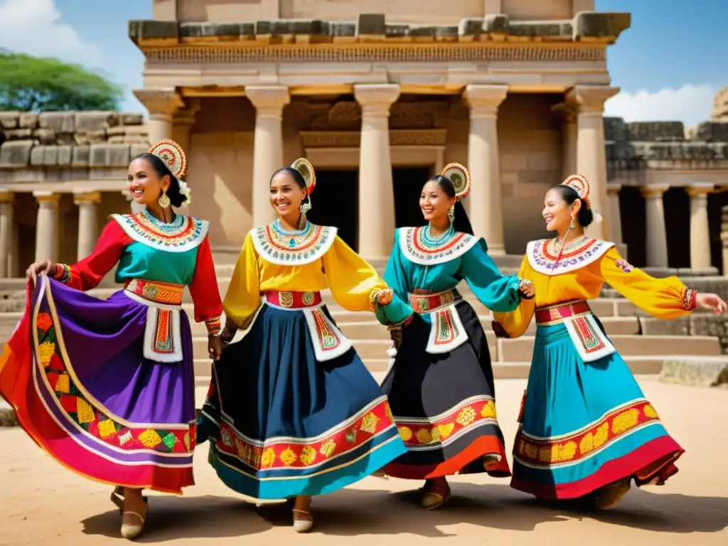 Grupo de bailarines tradicionales con trajes vibrantes y significado cultural danzan en ruinas antiguas