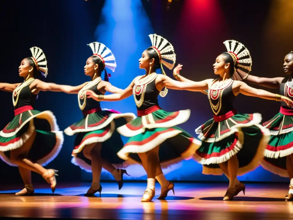 Un grupo de bailarines tradicionales en trajes vibrantes y ornamentados, moviéndose graciosamente en un escenario iluminado por luces de colores, expresando emociones intensas