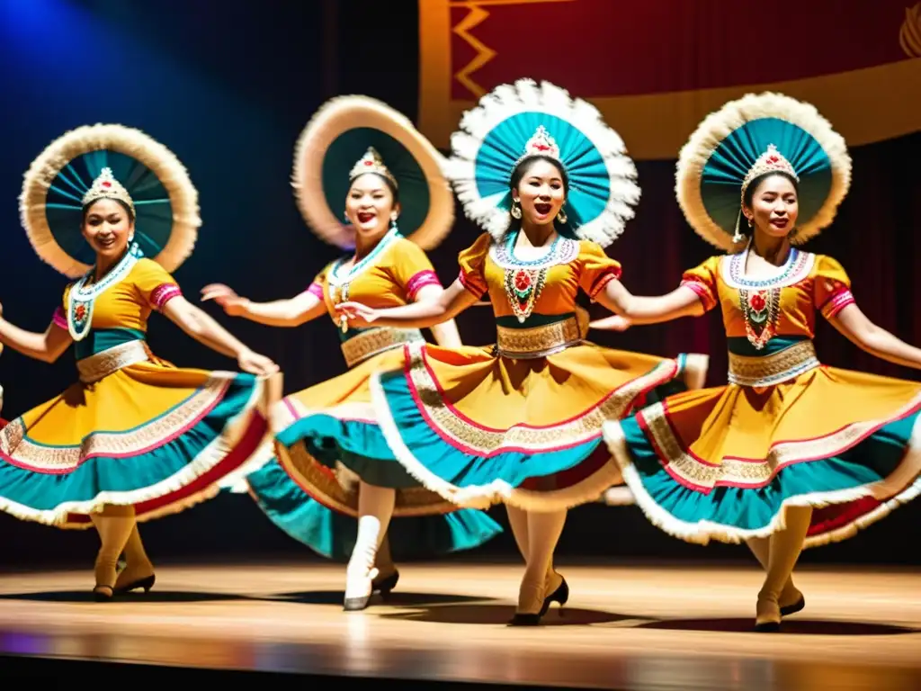 Un grupo de bailarines tradicionales en trajes vibrantes y ornamentados realizando una rutina sincronizada con pasión y enfoque