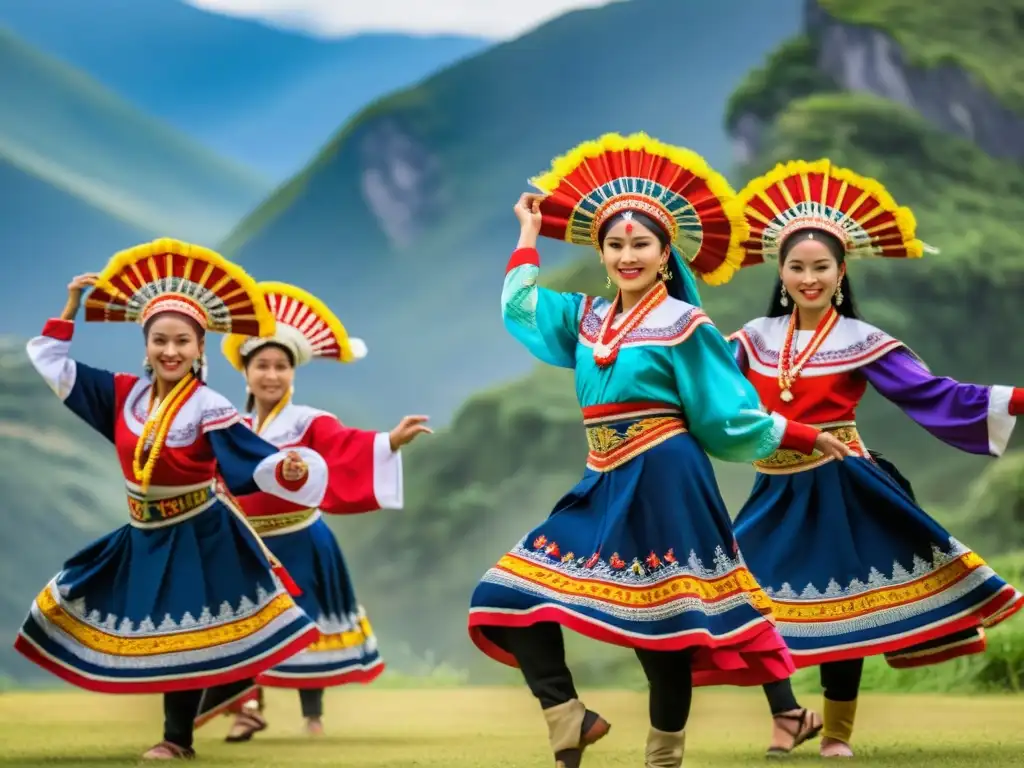 Grupo de bailarines tradicionales con trajes vibrantes realizando una danza expresiva en paisaje natural