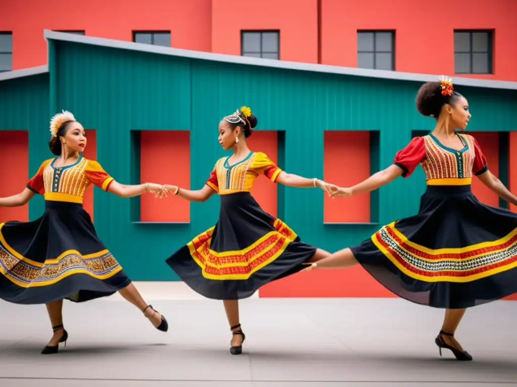 Grupo de bailarines tradicionales con trajes vibrantes en contexto urbano moderno, simbolizando la evolución de la danza tradicional