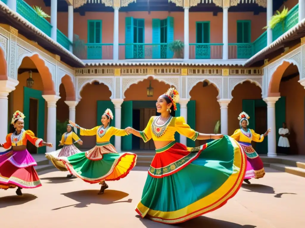 Grupo de bailarines tradicionales con trajes vibrantes realizando una danza en un patio soleado