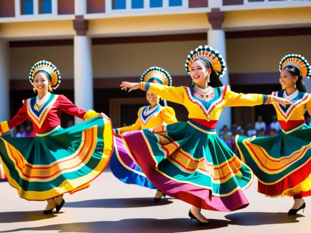 Grupo de bailarines tradicionales con trajes vibrantes y movimientos sincronizados, en una plaza soleada