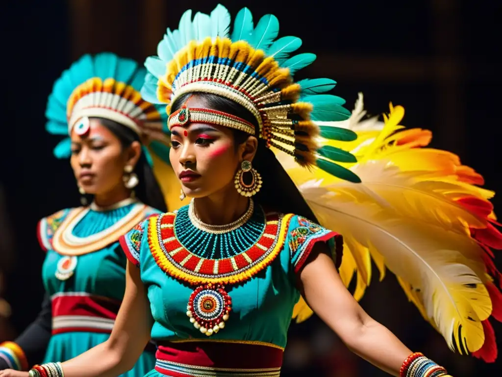 Grupo de bailarines tradicionales en trajes vibrantes y detallados, capturados en una atmósfera cultural