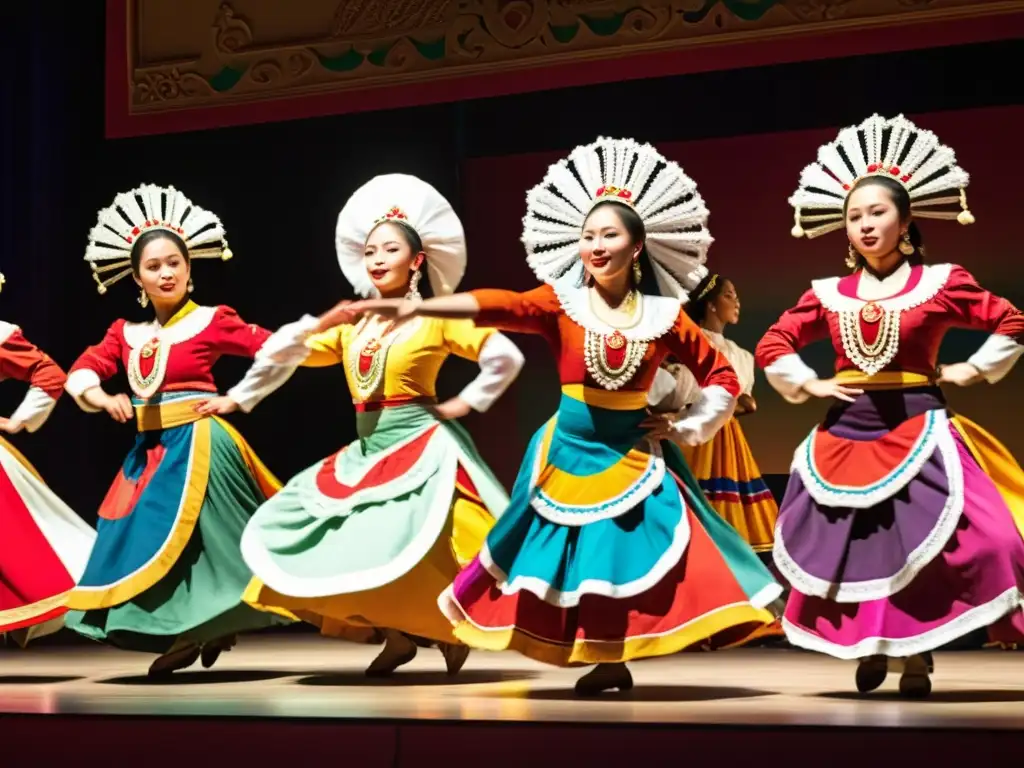 Un grupo de bailarines tradicionales en trajes coloridos y ornamentados, cautivando al público en el escenario