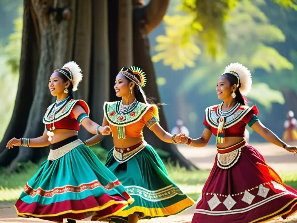 Un grupo de bailarines tradicionales con trajes vibrantes y detallados realizan una danza ceremonial en un claro soleado, rodeados de árboles antiguos