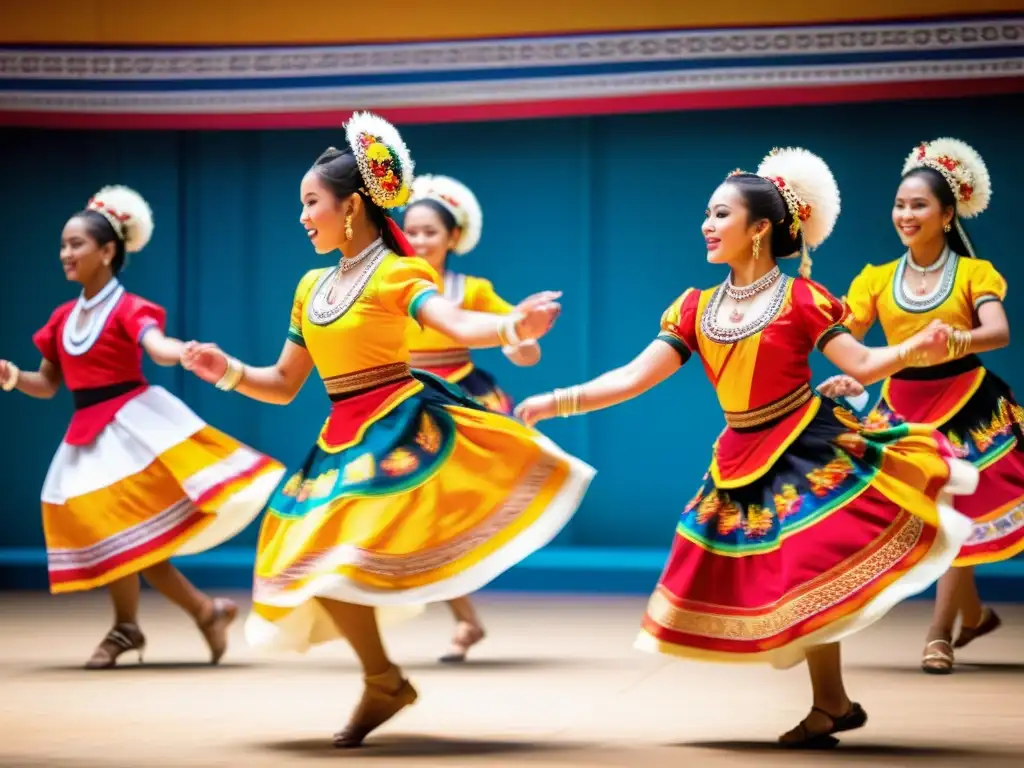 Un grupo de bailarines tradicionales, con trajes vibrantes, moviéndose con gracia al ritmo de la música tradicional