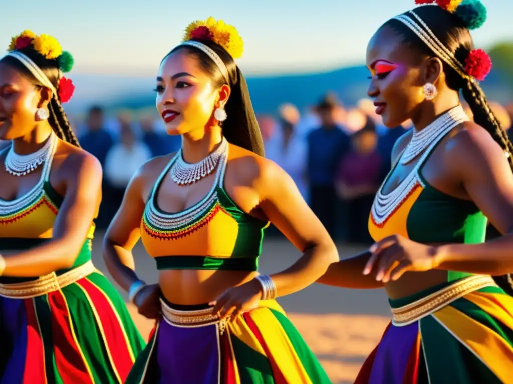 Grupo de bailarines tradicionales comunicando a través de la danza, con trajes vibrantes y movimientos expresivos bajo la cálida luz del atardecer