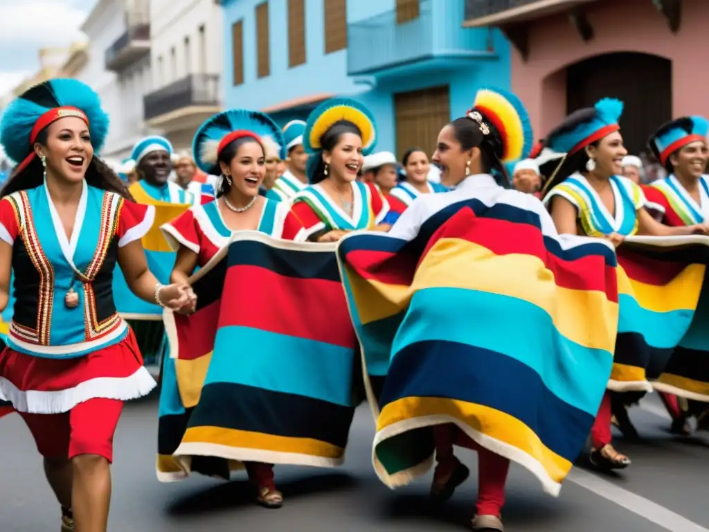 Un grupo de bailarines tradicionales uruguayos danzando al ritmo de tambores africanos, rodeados de espectadores asombrados