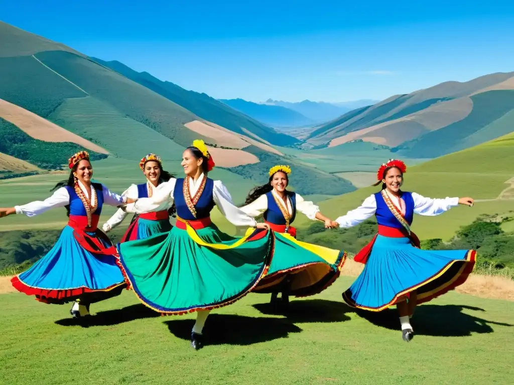 Un grupo de bailarines tradicionales uruguayos realiza el Pericón Nacional con trajes coloridos
