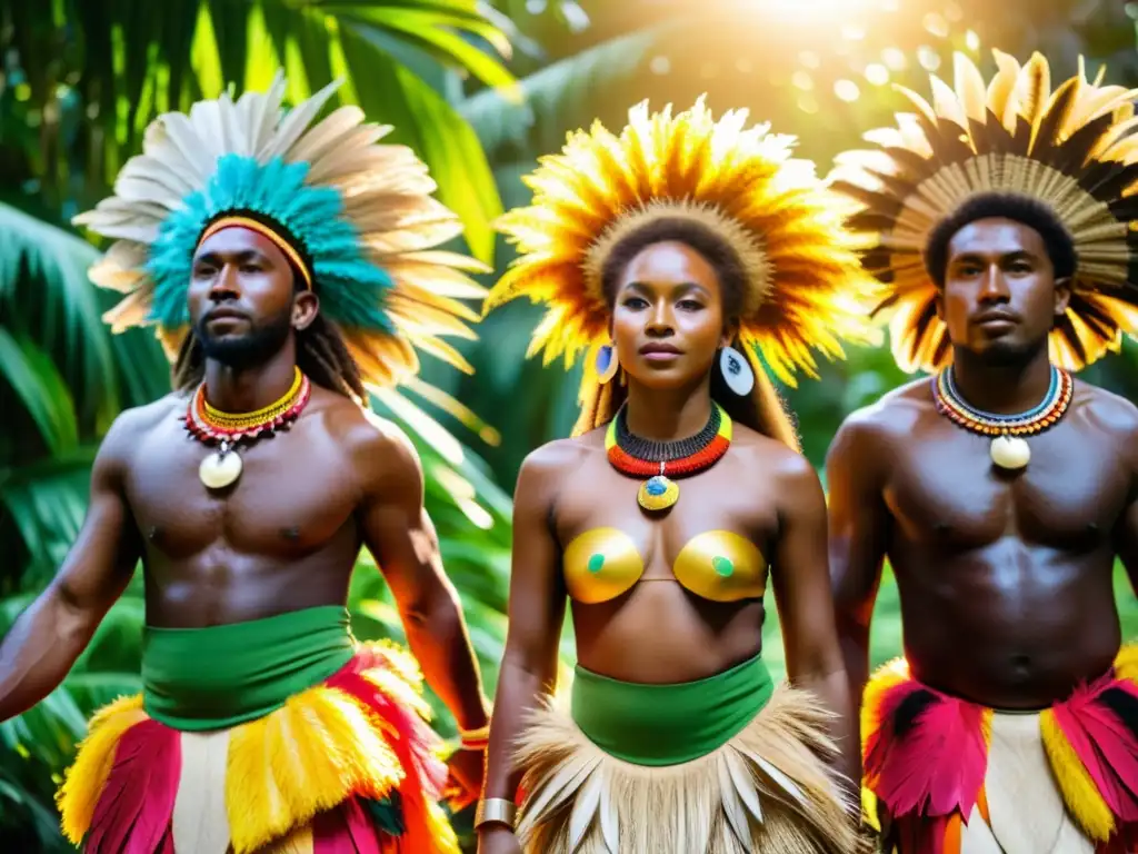 Grupo de bailarines tradicionales de Vanuatu con trajes de hierba y tocados de plumas coloreadas, realizando una danza hipnótica en la selva tropical