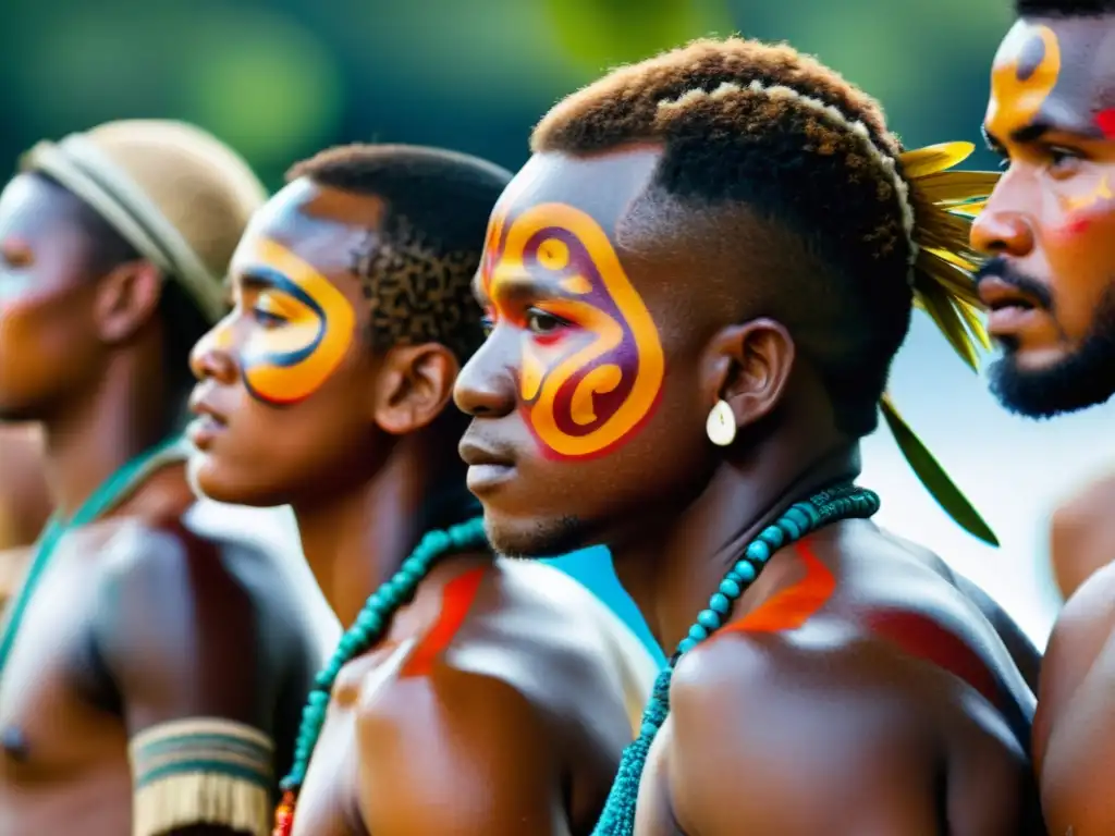 Grupo de bailarines tradicionales de Vanuatu, con patrones y tatuajes