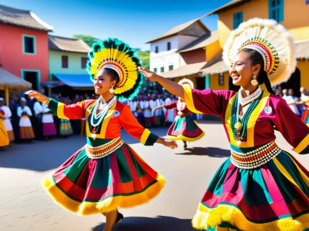 Grupo bailarines tradicionales con vestimenta vibrante bailando en la plaza del pueblo al sol