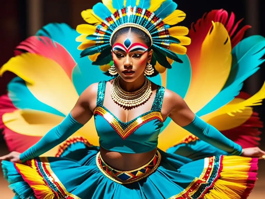 Grupo de bailarines tradicionales con vestimenta vibrante y plumas, en medio de una cautivadora danza