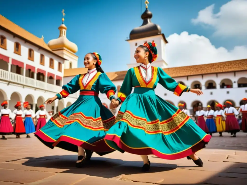 Grupo de bailarines tradicionales en vibrante danza, reflejando la conservación de danzas tradicionales históricas