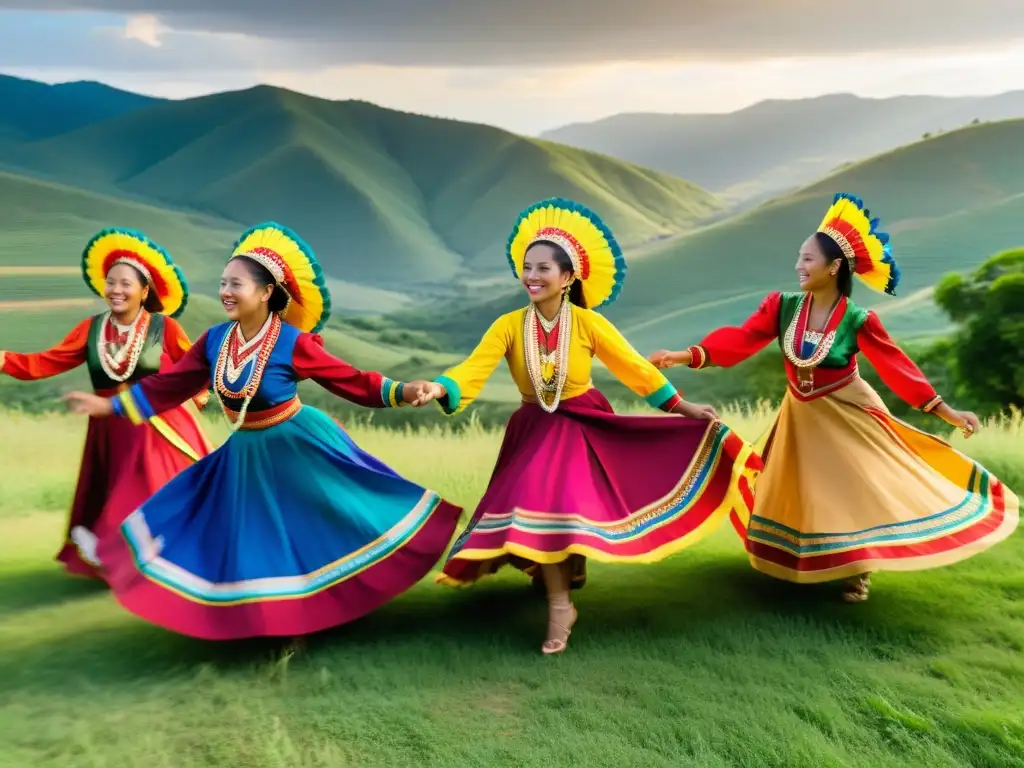 Grupo de bailarines tradicionales en vibrante actuación en la naturaleza, conectando danza tradicional y geografía