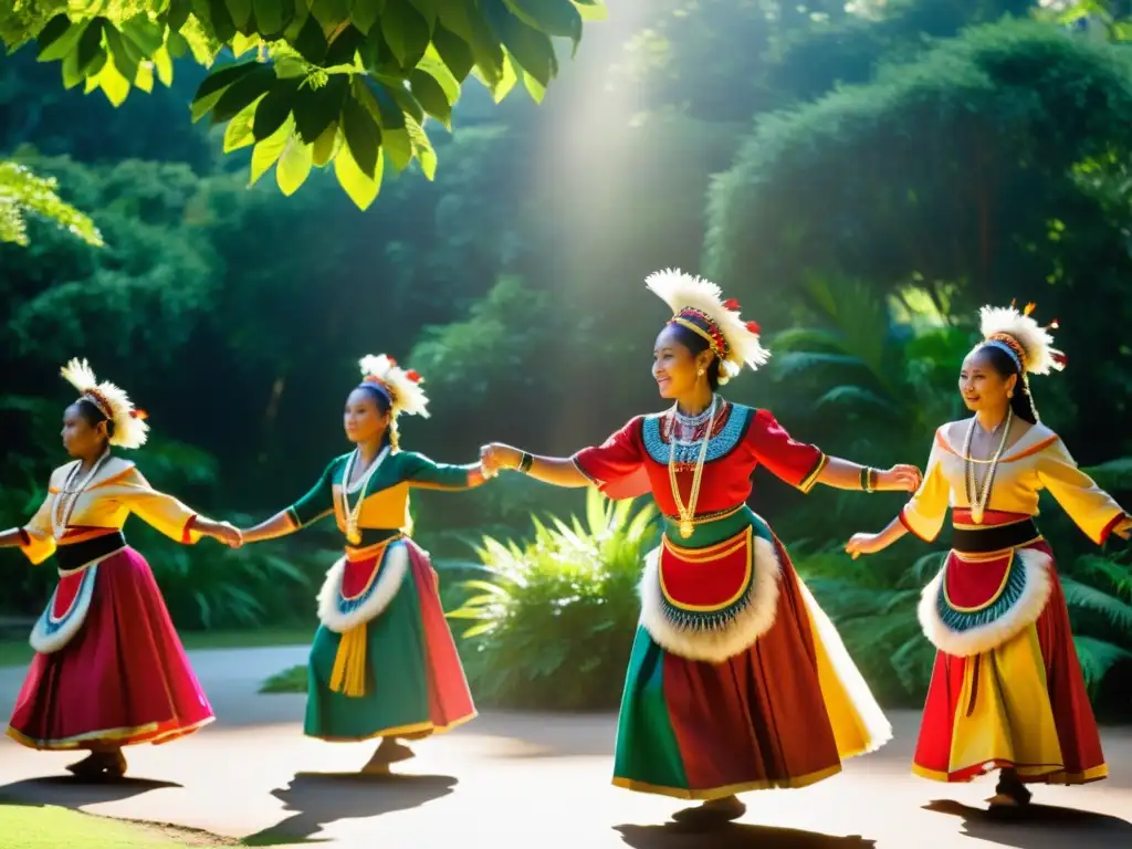 Grupo de bailarines tradicionales en vibrante ceremonia de danzas, reviviendo el patrimonio cultural con pasión y reverencia