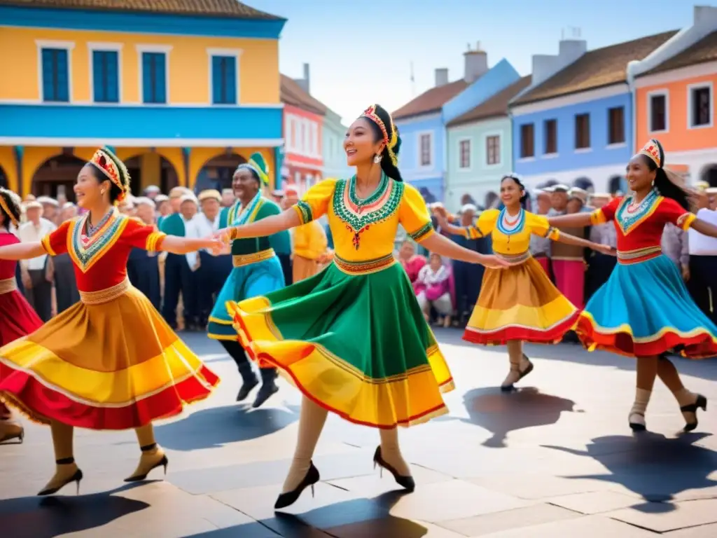 Grupo de bailarines tradicionales en vibrante actuación en la plaza del pueblo