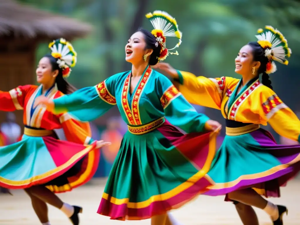 Grupo de bailarines tradicionales en vibrante danza, con movimientos congelados en el aire