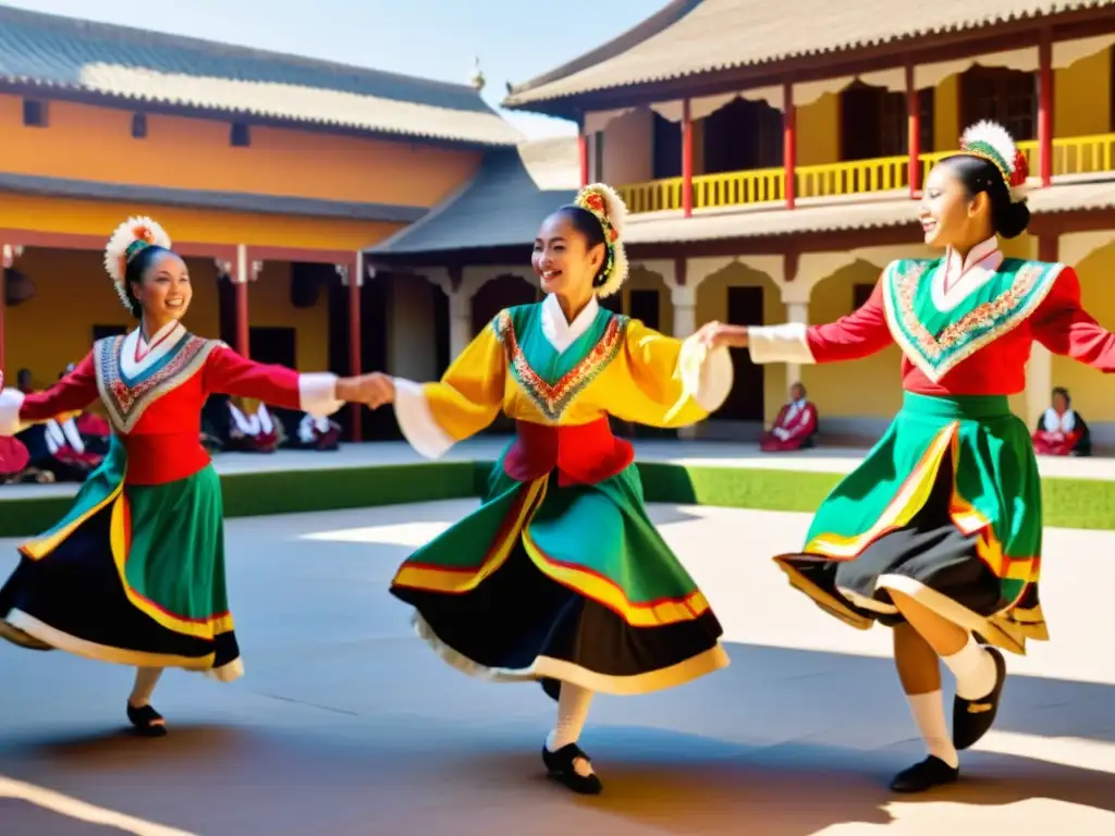 Grupo de bailarines tradicionales en vibrante actuación, cautivando a la audiencia de todas las edades en un patio soleado