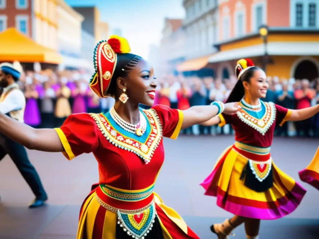 Grupo de bailarines tradicionales en vibrante danza urbana, celebrando la gamificación en danzas tradicionales