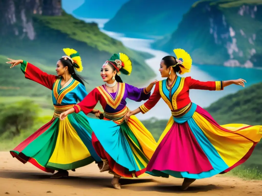 Grupo de bailarines tradicionales en vibrante danza en paisaje natural