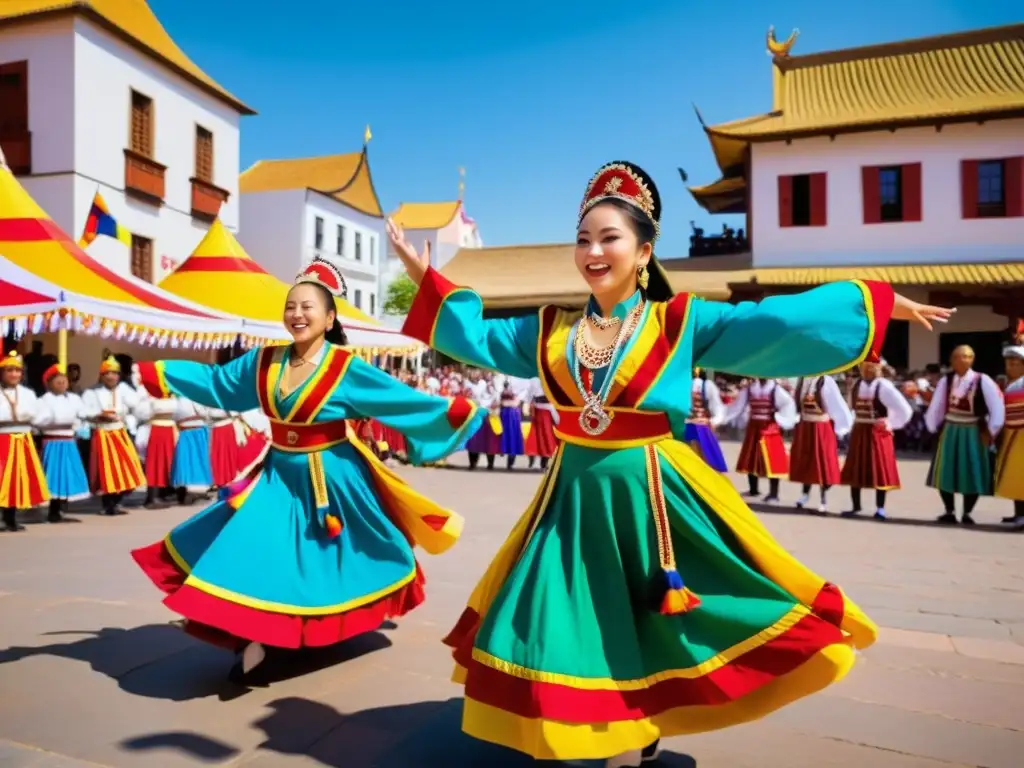 Grupo de bailarines tradicionales en vibrante rutina, celebrando festivales de danza tradicional mundial